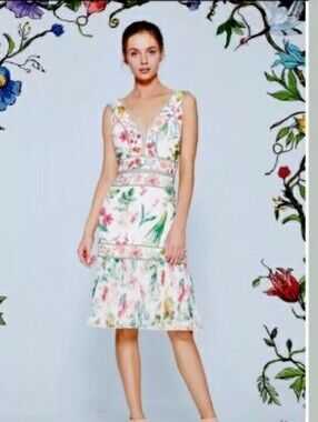 Tadashi Shoji Garden Party White Floral V-Neck Pleated Chiffon Hem Midi Dress